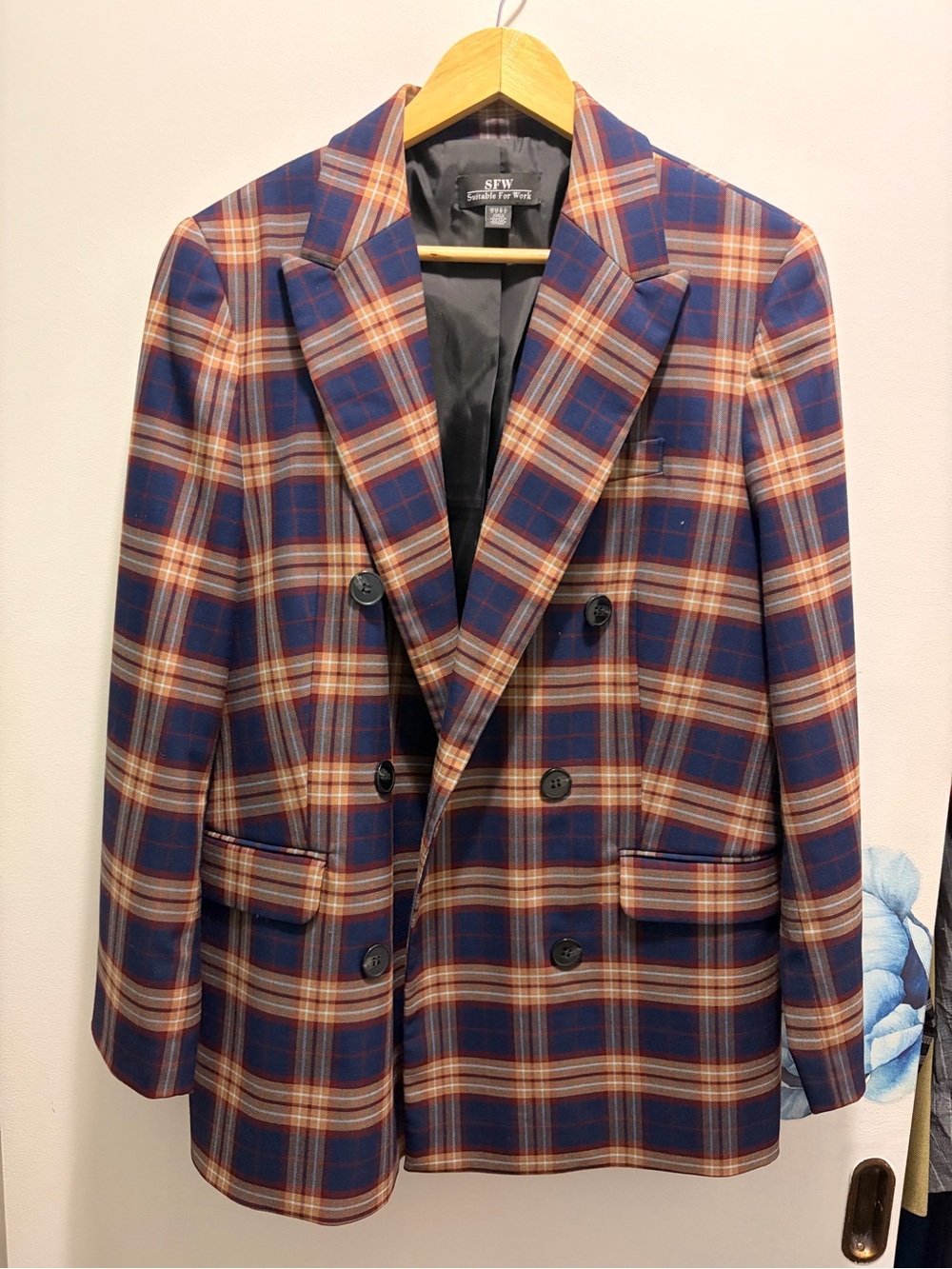 Navy Blue Plaid Blazer, Size Medium, Double Breasted